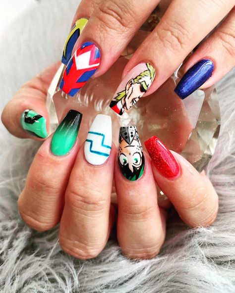 All Might Nails, Deku Nails Art, Deku Nails, My Hero Academia Nails, Mha Makeup, Mha Nails, Pink Acrylic Nails Coffin, Academia Nails, Anime Nail