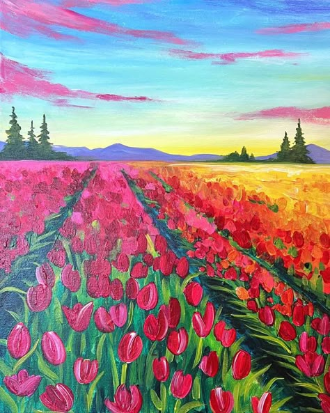 Simple Flower Field Painting, Field Of Tulips Painting, Tulip Garden Painting, Tulip Field Drawing, Field Sunset Painting, Tulips Painting Acrylic, Tulip Field Painting, Sunflower Sunrise, Tulips Field