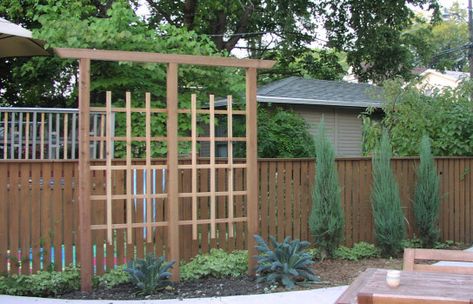 The gorgeous cedar trellises above were built by Don Anderson and his dad Lee Anderson. You can download the detailed plans (PDF format) here - their only request is that if you find them useful, please send a $5 charitable donation to the West Humboldt Park Center for Performing Arts. A detailed list of materials is also provided for one-panel, two-panel, and three-panel trellises. #garden Blackberry Trellis, Cedar Trellis, Vegetable Trellis, Garden Trellis Designs, Building A Trellis, Wire Trellis, Trellis Fence, Square Lattice, Wood Trellis