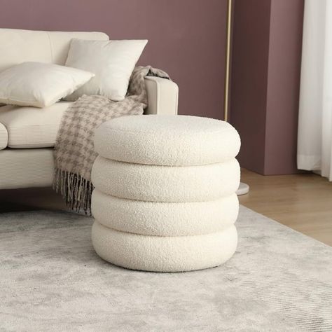 Round Storage Ottoman Boucle Fabric, Large Vanity Stool Footstool with Stripe Line, White Sherpa ... | Amazon (US) Dorm Ottoman, Sherpa Ottoman, Storage Ottoman Coffee Table, White Room Decor, Round Storage Ottoman, Large Vanity, Round Storage, Nordic Decor, Ottoman Footstool