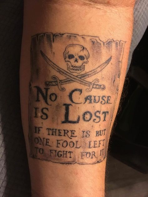 235+ Remarkable Pirate Tattoos Ideas For Men and Women (2023) - TattoosBoyGirl Pirate Quotes Tattoo, Pirate Tattoos Men, A Pirates Life For Me Tattoo, No Quarter Tattoo, Pirate Inspired Tattoos, Pirates Life For Me Tattoo, Potc Tattoos, Small Pirates Of The Caribbean Tattoo, Pirate Treasure Tattoo