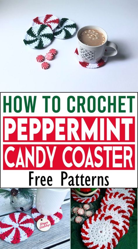 How to Crochet Peppermint Candy Coaster Crochet Christmas Peppermint, Holiday Crochet Coasters, Peppermint Coasters Free Crochet Pattern, Crochet Christmas Coasters Pattern, Christmas Coasters Crochet Free Pattern, Christmas Crochet Coaster, Crochet Christmas Coasters Free Patterns, Crochet Peppermint Candy, Peppermint Crochet