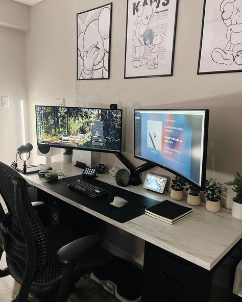 Laptop And Dual Monitor Desk Setup, Standing Desk Dual Monitor, Desk Ideas Dual Monitor, 3 Screen Computer Desk Setup, Two Monitors Setup, Dual Monitor Desk Setup Aesthetic, Office Ideas Dual Monitor, Work From Home Set Up Dual Monitor, Dual Monitor Office Setup