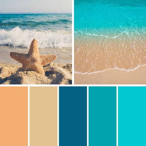 This soothing palette evokes the tranquility of a seaside escape. Soft, sandy beige recalls smooth seashells washed ashore, while a blend of ocean blue and cool teal captures the vastness and gentle waves of the summer sea. Beachy Color Schemes, Under The Sea Colour Palette, Ocean Color Scheme, Sea Foam Color Palette, Moana Bedroom Ideas, Beach Colour Palette, Summer Color Combinations, Summer Color Combos, Coastal Blanket