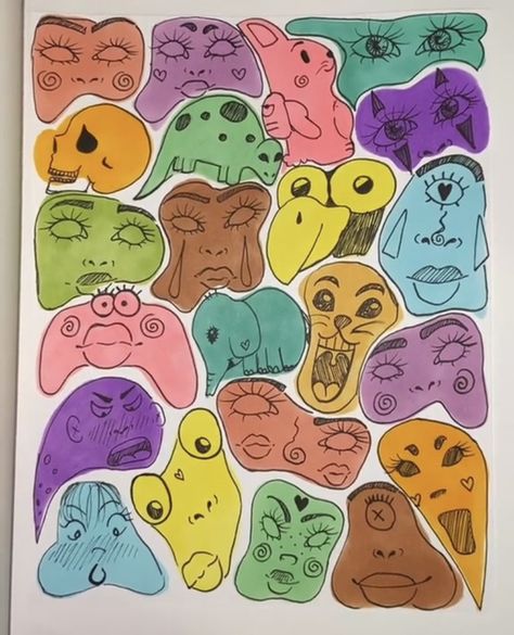 Blobs Drawing, Blob Doodles, Blob Drawing, Squishy Doodle Face Painting, Droopy Face Art, Blob Art, Face Expression Doodle, Watercolor Blob Art, Face Doodles Abstract