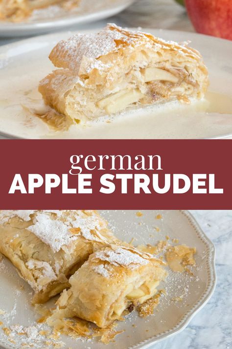 Apple Strudel With Phyllo Dough, German Apple Custard Cake, Plain Desserts, German Strudel, Apple Strudel Puff Pastry, Apfelstrudel Recipe, German Apple Strudel Recipe, German Apple Strudel, German Deserts