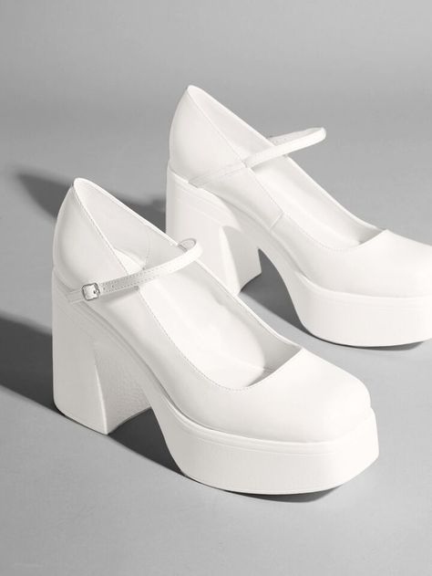 Fancy Sandals Heels, White Heels Chunky, White Heels Aesthetic, Occasional Shoes, White Mary Jane Heels, White Chunky Heels, Kpop Oc, Sandals Shein, Lyna Youtube