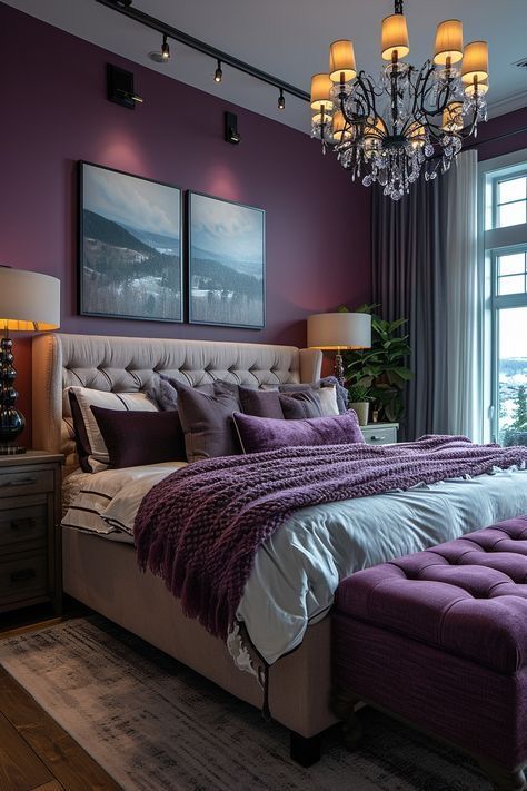 Womens Bedroom Color Schemes, Bedroom Ideas Dark Purple, Purple And Navy Bedroom Ideas, Purple Gold Black Bedroom, Plum Wall Bedroom, Grey Plum Bedroom, Plum Color Palette Master Bedrooms, Plum And Cream Bedroom, Plum Purple Bedroom