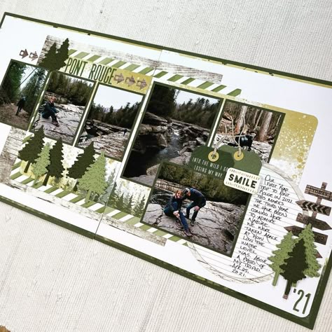 Scrapbooking Quebec | Double page spread using a stash kit I created based on the Mountain Trek paper collection by @paperrosestudio . There was also material... | Instagram Forest Scrapbook Ideas, Hiking Scrapbook Layouts, Nature Scrapbook Layouts, Waterfall Scrapbook, 2 Page Scrapbooking Layouts, 2024 Scrapbook, Hiking Scrapbook, Scrapbooking Alaska, Outdoors Scrapbook Layouts