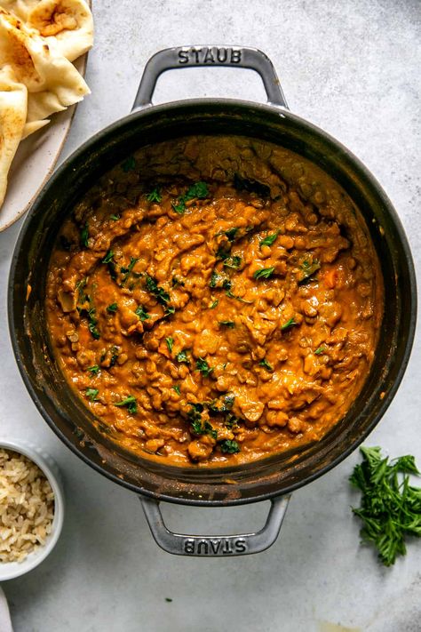 An easy vegan dinner recipe for Lentil Pumpkin Curry! This Indian inspired healthy plant based meal is perfect for the weeknight or even the weekend. Lentils simmer in a pumpkin coconut curry sauce and it is so good! Leftovers keep well too. One Pot Lentil, Pumpkin Curry Recipe, Thai Pumpkin Curry, Pumpkin Lentil, Lentil Curry Recipes, Plant Based Meal, Pumpkin Coconut, Vegan Curry Recipes, Coconut Curry Sauce