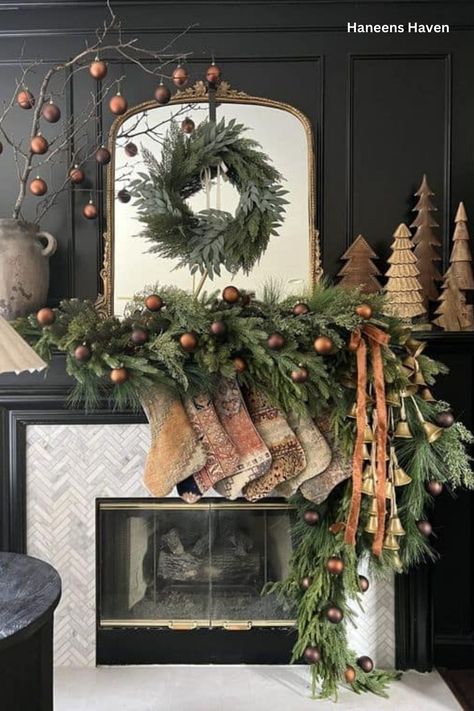 Rustic Christmas Decorations Diy Ideas, Modern Farmhouse Christmas Garland, Diy Mantel Christmas Decor, Modern Farmhouse Outdoor Christmas Decor, Classic Farmhouse Christmas Decor, French Provincial Christmas Decor, Christmas Wreath Over Fireplace, Holiday Bells Decor, Woodland Christmas Mantle