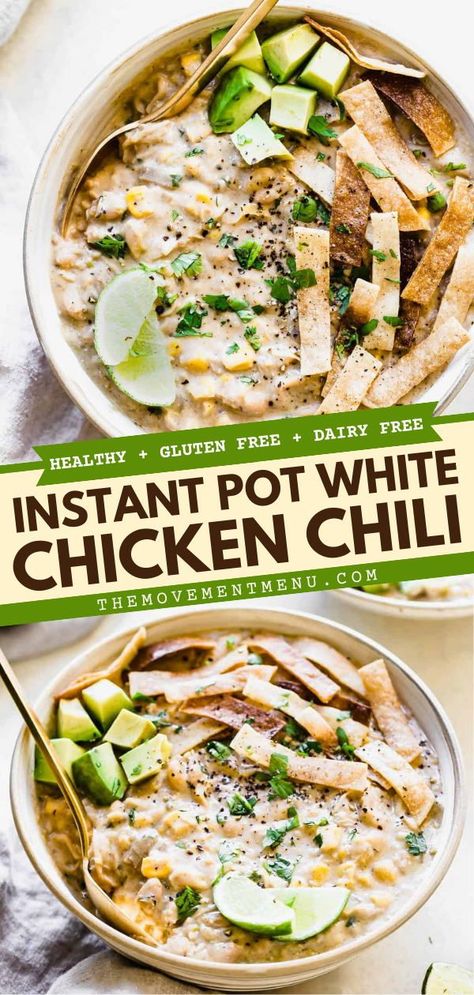 There's so much to love about this white chicken chili! Thanks to the Instant Pot, it's a quick and easy dinner recipe. Creamy, hearty, and delicious, it's the perfect comfort food! Plus, it's healthy, gluten-free, and dairy-free! White Bean Chicken Chili Non Dairy, Instant Pot Chicken Gluten Free, Easy Crockpot Recipes Gluten And Dairy Free, White Chicken Chili Instant Pot Dairy Free, White Chicken Chili Gluten Dairy Free, Instapot White Chicken Chili Healthy, Instant Pot White Chili Chicken, Easy Chicken Crockpot Recipes Healthy Dairy Free, White Chili Instant Pot Recipes