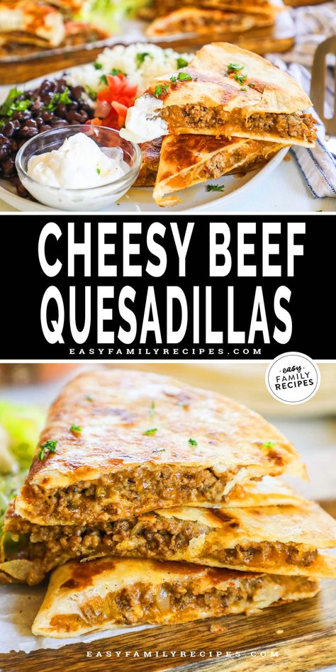 These Ground Beef Quesadillas are a simple and heart meal that the whole family will love! Juicy ground beef crumbles are seasoned to perfection, then layered with melty cheese in a perfectly golden, crisped tortilla. Enjoy as-is or customize with your favorite add-ins and toppings! Cheesy Beef Quesadilla, Quesadilla Recipes Beef, Ground Beef Quesadillas, Quesadilla Recipes Easy, Cheesy Ground Beef, Beef Quesadillas, Dijon Chicken, Quesadilla Recipe, Mexican Dinner Recipes