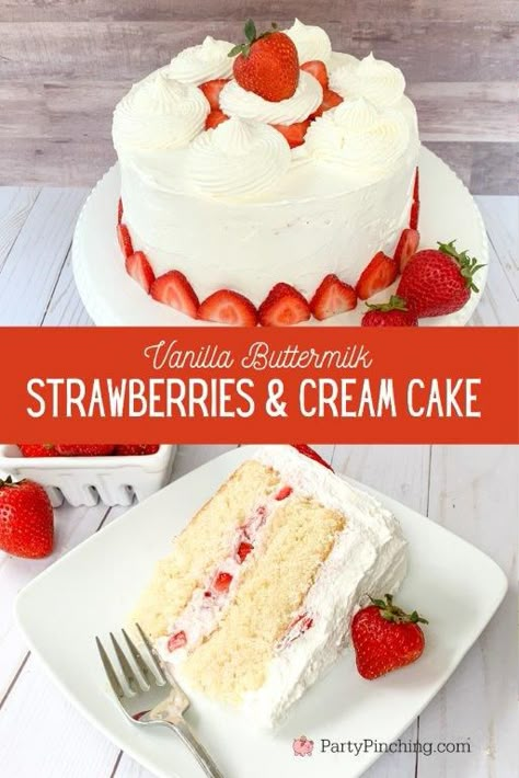 Strawberries Cream Cake, Strawberry Cake With Vanilla Frosting, Strawberry Frasier Cake, Strawberries On Top Of Cake, Vanilla Cake With Fresh Strawberries, Vanilla Cake Recipe With Strawberries, Easy Vanilla Strawberry Cake, Strawberry Flavored Cake, Vanilla Strawberry Cake Recipe