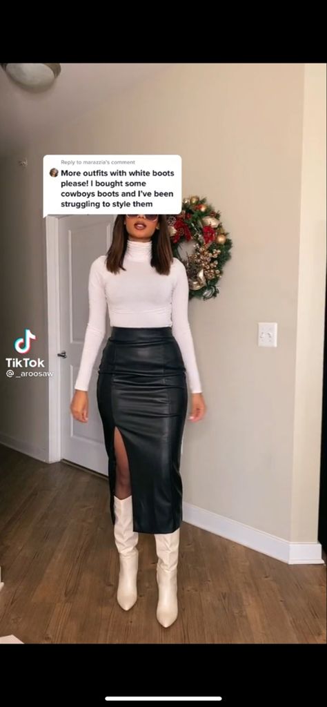 Long White Boots Outfit Winter, Long Faux Leather Skirt Outfit, Cowboy Boots Party Outfit, Long Leather Skirt Outfit Winter, Midi Skirt And Boots Outfit, Pencil Skirt With Boots, Winter Dinner Outfit Dressy, Patent Boots Outfit, Long Leather Skirt Outfit