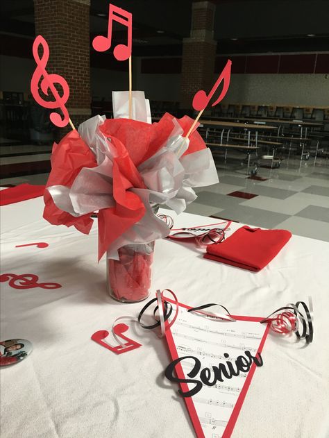 Drummer Party Centerpieces, Marching Band Party Decorations, Marching Band Themed Party, Music Themed Centerpieces Diy Table Decorations, Piano Centerpiece Ideas, Graduation Party Ideas Marching Band, Rock And Roll Theme Party Centerpieces, Senior Marching Band Gifts, Music Note Centerpieces Diy