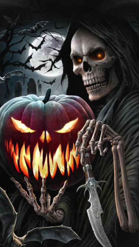 Halloween Live Wallpaper, Spooky Halloween Pictures, Helloween Wallpaper, Happy Halloween Pictures, Grim Reaper Art, Halloween Wallpaper Backgrounds, Halloween Artwork, Skull Wallpaper, Halloween Images