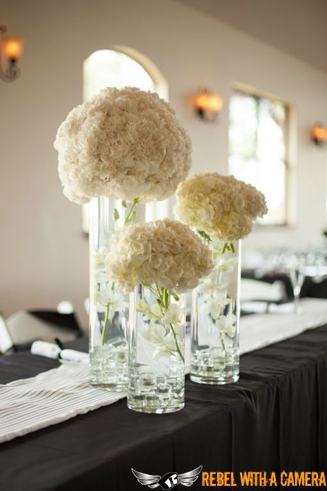 Hydrangea Candle Centerpiece, Wedding Centerpieces White, Hydrangea Centerpiece Wedding, White Hydrangea Centerpieces, Hydrangea Centerpieces, Ball Ideas, Hydrangea Centerpiece, Banquet Table, White Hydrangeas