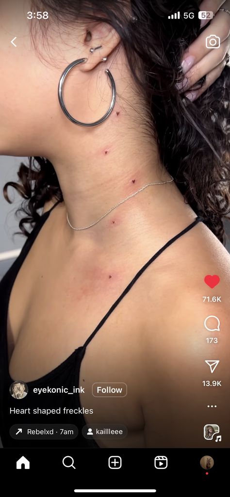 Heart Shaped Freckle Tattoo, Heart Neck Tattoos Women, Heart On Neck Tattoo, Small Belly Tattoo, Tiny Chest Tattoo, Heart Freckle Tattoo, Small Face Tattoos For Women, Heart Tattoo On Chest, Hoodie Business