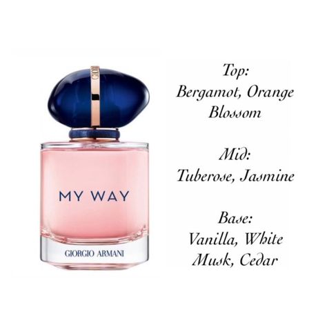 My Way Perfume Notes, Perfume Top Notes, My Way Perfume Aesthetic, Perfume Notes Chart, Perfume Scents Chart, Perfumes Notes, Bergamot Perfume, Armani My Way, Armani Perfume