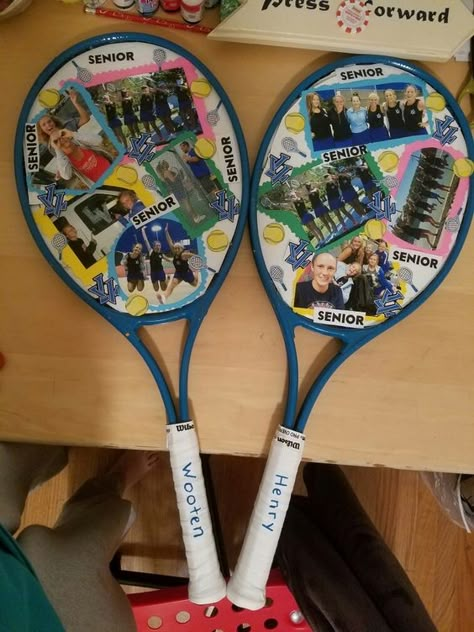 Tennis Senior Gifts High Schools, Tennis Team Captain Gifts, Senior Night For Tennis, Badminton Senior Night Posters, Tennis Captain Gift Ideas, Tennis Themed Graduation Party, Senior Night Poster Ideas Tennis, Senior Night Tennis Gift Ideas, Senior Tennis Gifts