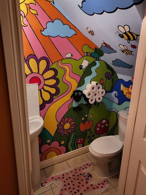 Trippy Bathroom, Groovy Bathroom, Storage Under Staircase, Painted Shower Tile, Rainbow Bathroom, Graffiti Room, Bathroom Wall Mural, Maximalist Home Decor, 70s House