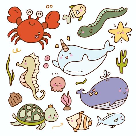 Whale Cartoon, Crab Cartoon, Nursery Drawings, Sea Creatures Drawing, Cartoon Sea Animals, Ocean Drawing, Sea Drawing, Sticker Baby, Stickers Design