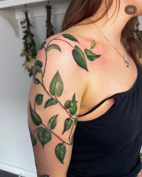 Pothos Tattoo, Michelle Tattoo, Upper Leg Tattoos, Shoulder Sleeve Tattoos, Earthy Tattoos, Rose Shoulder Tattoo, Garden Tattoos, Vine Tattoos, Plant Tattoo