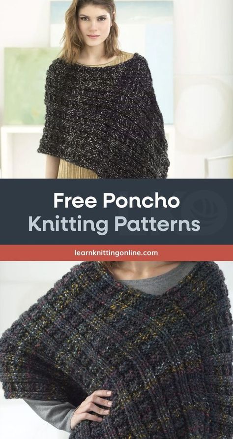 Make these three easy poncho knitting patterns, perfect for completing your effortless yet stylish daily fall outfits. These chic everyday knitwear are ideal knitting projects for beginner knitters and makes for a thoughtful handmade present to a lady near and dear. | More free knitting patterns and tutorials at learnknittingonline.com #knittingpatternsforbeginners #handmadegifts #fallknittingpatterns #easyknittingprojects Poncho Knitting Patterns Women, Knit Poncho Free Pattern, Free Poncho Patterns, Knitted Poncho Patterns Free Easy, Free Knit Poncho Pattern, Knitted Shawls And Wraps, Knitted Poncho Patterns, Poncho Knitting Patterns Free, Knitted Poncho Patterns Free