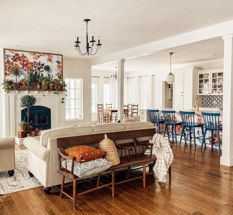 Create a spring living room with floral wallpaper! Bench Behind Sofa, Modern White Couch, Behind Sofa, Rustic Wood Bench, White Brick Fireplace, White Mantel, Wood Living Room, Spring Living Room, White Wainscoting