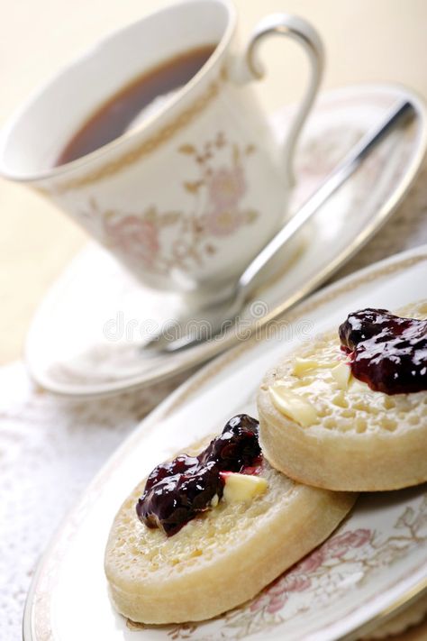 English Afternoon Tea, Tea And Crumpets, Afternoon Tea Recipes, Cuppa Tea, Cream Tea, Crumpets, Raspberry Jam, Sweet Tea, One Image