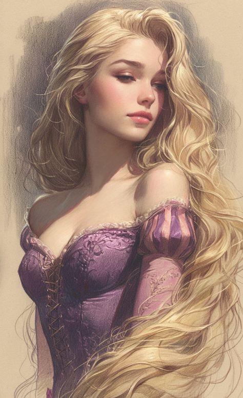 Blonde Hair Art Drawing, Blonde Character Aesthetic, Gothic Rapunzel, Rapunzel Drawings, Gothic Disney Princesses, Rapunzel Fanart, Rapunzel Art, Rapunzel Drawing, Blonde Princess