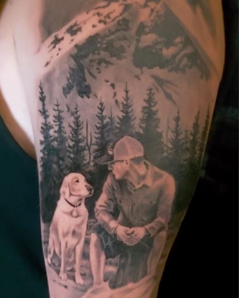 Experience the bond between man and canine in @muscatink's realistic tattoo, portraying a dog and its owner enjoying time together amidst mountains and forests. A touching tribute to companionship, beautifully etched in ink. 🐾🏞️ Men’s Dog Tattoos, Men Dog Tattoo, Man And Dog Tattoo, Dog Memorial Tattoos Men, Dog And Owner Tattoo, Hunting Dog Tattoo, Dog Tattoo For Men, Pet Tattoos Dog, Labrador Retriever Tattoo