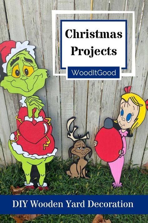 Grinch Wood Yard Art Patterns, Diy Wood Lawn Decorations, Diy Grinch Wood Cutout, Christmas Yard Stakes Diy, Wood Christmas Outdoor Decorations, Christmas Wood Characters, Wood Patterns Cutouts, Diy Christmas Wood Projects Outdoor, Outdoor Wooden Decorations