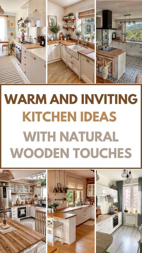 Farmhouse Kitchen With Natural Wood Cabinets, Natural Wood And Cream Kitchen, White Walls Wood Cabinets Kitchen, Mixing Woods In Kitchen, Wood Themed Kitchen, Organic Modern Farmhouse Kitchen, Sustainable Kitchen Ideas, Mix Wood Tones Kitchen, Natural Wood Tone Kitchen