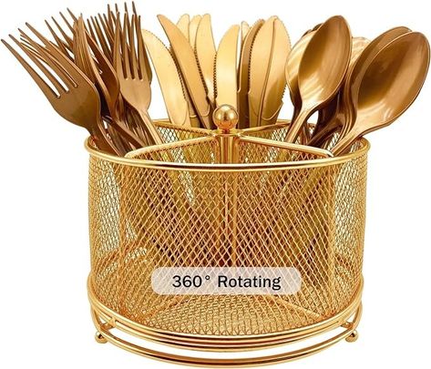 Amazon.com - DysanVica 360° Rotating Metal Utensil Caddy - 4 Compartment Silverware Cutlery Holder Rotation Fork Spoon Napkin Organizer Flatware Storage Basket Party Countertop Buffet Picnic Camping Outdoor Gold Silverware Caddy, Disposable Utensils, Metal Caddy, Flatware Holder, Flatware Caddy, Utensil Caddy, Silverware Holder, Flatware Storage, Cutlery Tray