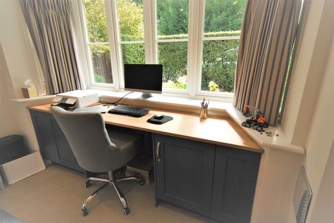 A simple desk solution designed to fit inside clients bay window. Made using our Taransey smooth painted doors in Farrow & Ball 'Stiffkey Blue' and a 25mm pp edged Oak laminate worktop. #office #desk #study #painted #blue #oak #design Bay Window Desk Ideas, Bay Window Office, Bay Window Desk, Small Bay Window, Bay Window Bedroom, Window Desk, Bay Window Living Room, Home Office Layouts, Bedroom Workspace