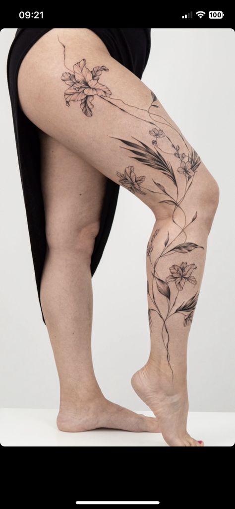 Full Leg Plant Tattoo, Earthy Knee Tattoos, Full Leg Flower Tattoo, Leg Tattoos Women Flower, Leg Tattoos Nature, Floral Leg Wrap Tattoo, Single Tattoo Ideas, Leg Wrap Around Tattoo, Flowers Leg Tattoo