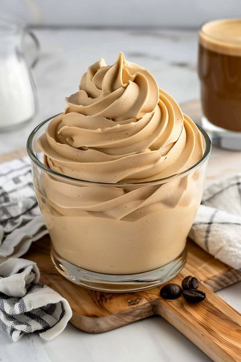 Try this indulgent, uber-fluffy coffee whipped cream the next time you need a quick and easy way to elevate your morning coffee or after-dinner treat. Coffee Cream Filling, Coffee Cream Recipe, Fluffy Coffee Recipe, Coffee Appetizers, Coffee Whipped Cream Recipe, Whipped Drinks, Coffee Whip, Whipped Cream Coffee, Dreamsicle Salad Recipe