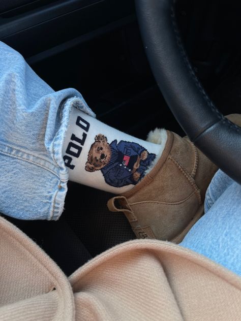 Polo Socks Outfits, Ralph Lauren Socks Outfit, Polo Bear Outfit Aesthetic, Ralph Lauren Fall Aesthetic, Polo Socks With Uggs, Ralph Lauren Bear Outfit, Polo Bear Aesthetic, Ralph Lauren Teddy Bear Sweater Outfit, Ralph Lauren Bear Sweater Outfit