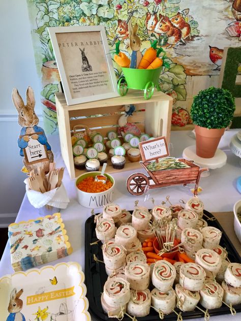 Peter Rabbit Themed Party Food, 1st Birthday Peter Rabbit, Birthday Rabbit Party, Peter Rabbit Grazing Table, Peter Rabbit Food Table, Peter Rabbit Theme Party Food, Peter Rabbit 2nd Birthday Party, Peter Rabbit 1st Birthday Party, Easter Themed Birthday Party For Boy