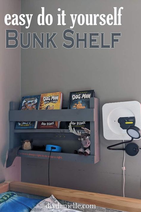 Bunk Bed Side Table, Loft Bed Side Table Ideas, Bunk Bed Book Shelf, Loft Beds Diy, Bunk Bed Storage Ideas, Top Bunk Storage, Loft Bed Accessories, Easy Diy Shelf, Easy Bookshelf