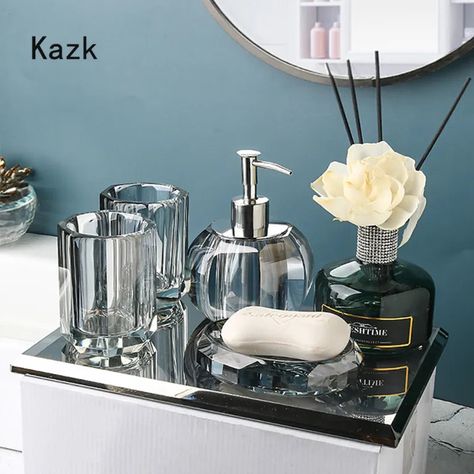 High-End Crystal Glass Bathroom Accessories Set | Nellie's Way Beauty, Inc. Crystal Bathroom Accessories, Chevron Shower Curtain, Modern Towel Bars, Glass Bathroom Accessories, Wooden Soap Dish, Sikat Gigi, Bathroom Accessories Luxury, Bathroom Accessories Set, Nordic Lights