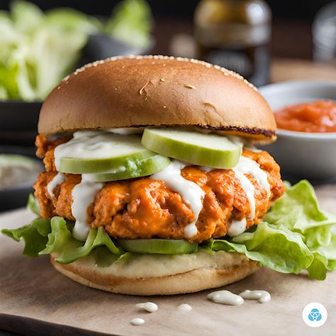 Buffalo Chicken Burger Buffalo Chicken Burgers Ground, Healthy Breaded Chicken, Portobello Burger Recipe, Buffalo Burger, Buffalo Chicken Fries, Chicken Burger Recipe, Buffalo Chicken Burgers, Fresh Basil Recipes, Ground Chicken Burgers