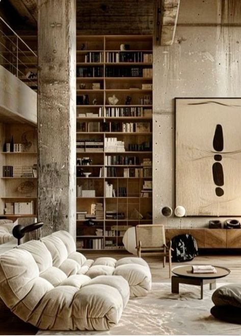 Industrial Beige Living Room, Brutalist Living Room, Black And Beige Aesthetic, Cheap Couches, White Library, Brutalist Interior, Interior Design Renderings, Loft Interior Design, 3d Interior Design