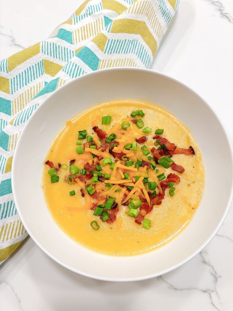 High Protein Loaded Potato Soup — Deliciously Simple Potato Soup Protein, Bariatric Potato Soup, Potato Soup With Protein, High Protein Baked Potato Soup, Protein Rich Soup Recipes, Cottage Cheese Potato Soup, Protein Potato Soup, Healthy Loaded Potato Soup, High Protein Blended Soup