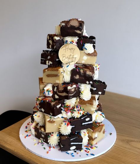 BY ANNA | Our brownie stacks are being more and more popular…and I mean? Just look at them 🤤🤤🤤 The perfect ‘cake’ for people who aren’t a massive… | Instagram Chocolate Brownie Stack Birthday Cake, Brownie Stack Cake, Brownie Birthday Cake, Brownie Stack, Sutton Surrey, Decorative Desserts, Birthday Cake Brownies, Dora Birthday, Birthday Sleepover