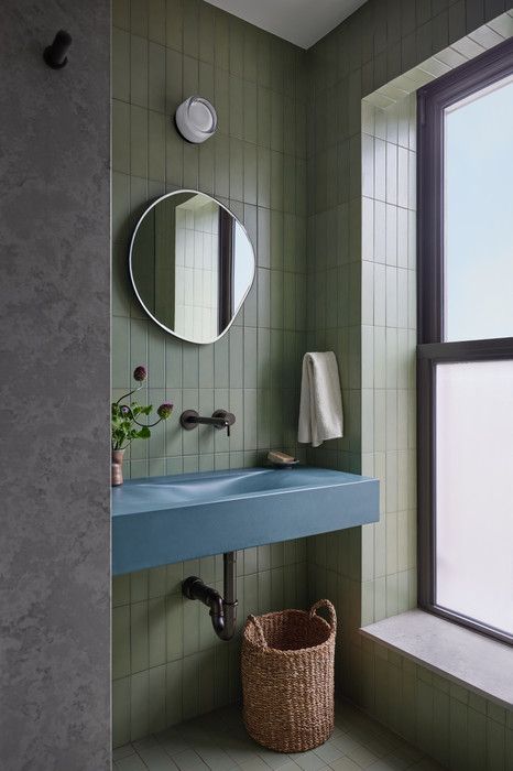 Green Tile Bathrooms, Blue Green Tile, Green Tile Bathroom, Nyc Loft, Room To Room, Mid Century Bathroom, Minimalist Interior Style, Concrete Sink, Concrete Basin