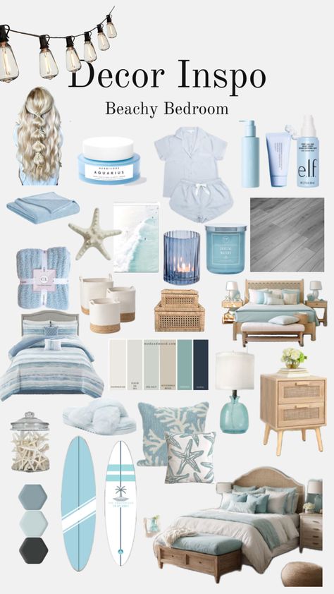 Follow for more! I post everyday! Coastal Room Decor Bedroom, Simple Beach Bedroom Ideas, Enya Room, Bedroom Inspo Beachy, Beach Bedroom Ideas For Teens, Preppy Blue Bedroom, Beach Dorm Room Ideas, Portugal Bedroom, Room Inspo Beachy