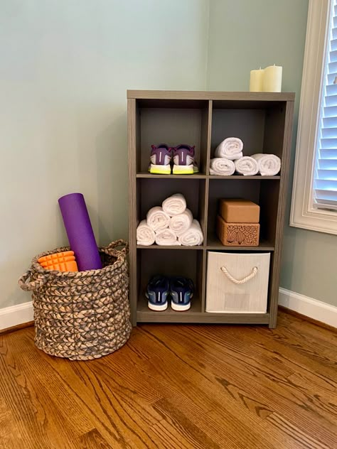 At Home Gym Organization, Gym Equipment Organization At Home, Yoga Office Space Bedroom, Yoga And Gym Room, Small Workout Corner In Bedroom, Home Gym Corner Spaces, Small Room Workout Space, Small Apartment Workout Space, Bedroom With Workout Space